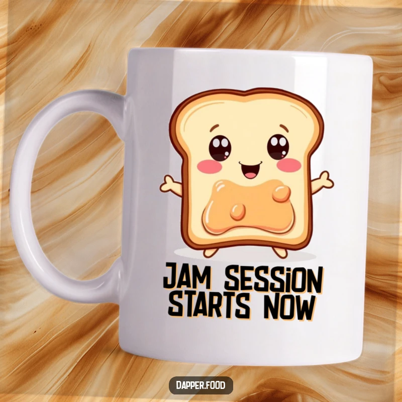 Funny Mug: A delighted piece of toast with wide eyes joyfully jumps high for a jelly jar, embodying breakfast excitement.