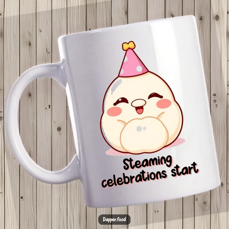 Funny dumpling mug, a cheerful, winking little bun wearing a party hat, ready for any celebration.