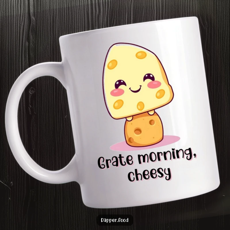 Funny Kawaii cheese character grinning widely while perfectly balanced on a cracker, printed on a mug.