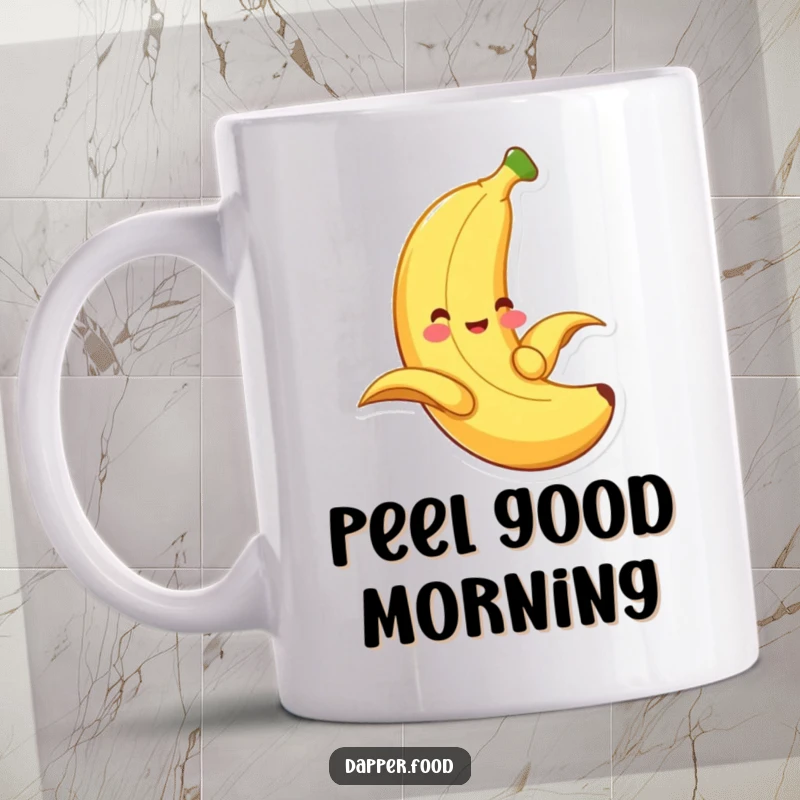 Funny banana mug, a smiling fruit gleefully sliding down its own peel, showcasing pure, playful joy.