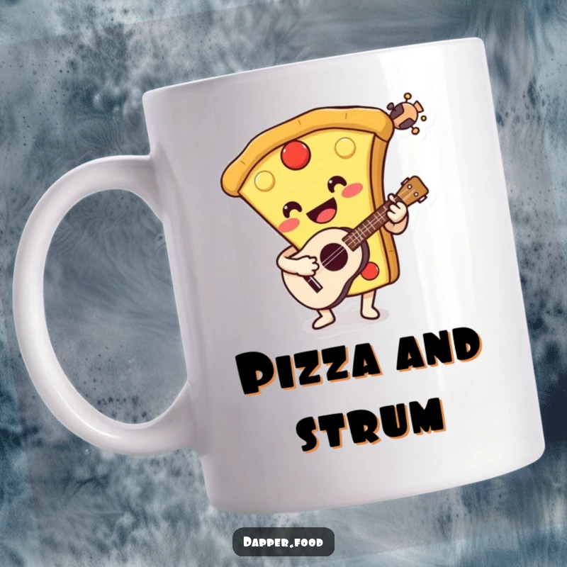 Funny mug showcasing a smiling anthropomorphic pizza slice playing a ukulele with musical notes. A delightful and humorous gift.