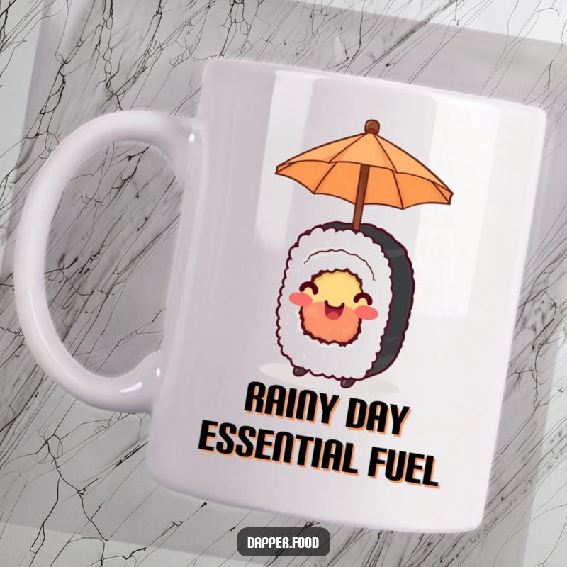 Funny Mug featuring a happy sushi roll joyfully balancing a tiny umbrella, exuding sunny charm.