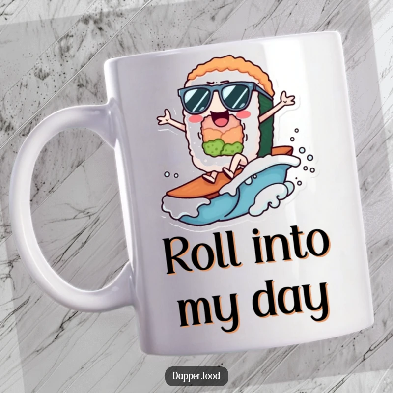 Funny Mug featuring a cheerful sushi roll character with sunglasses, enthusiastically riding a small wave.
