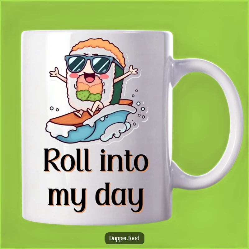 Sushi Wave Rider Funny Mug: Cheerful Character Surfing, Perfect Gift