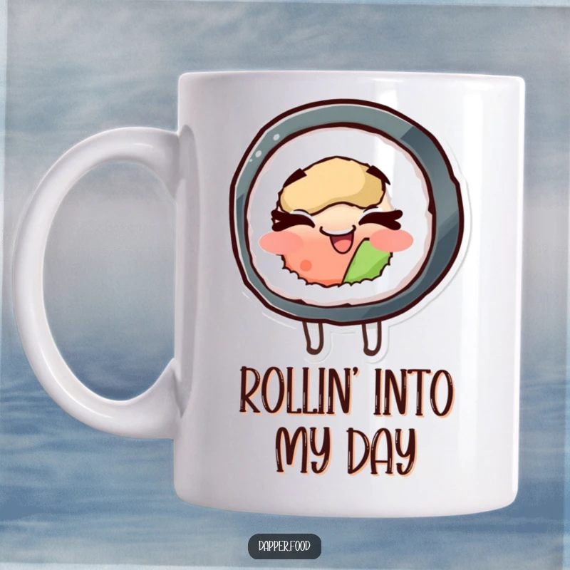 Funny mug featuring a cheerful sushi roll character with eyes closed, spinning blissfully in a state of pure joy.