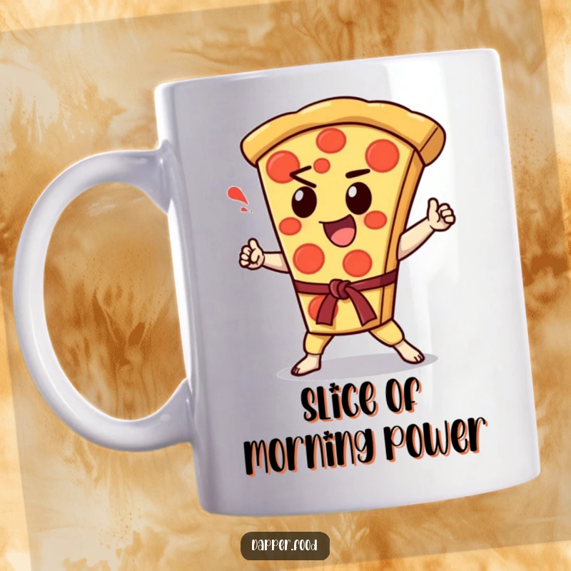 Funny Kawaii slice of pizza character enthusiastically performing a sharp karate chop, printed on a mug.