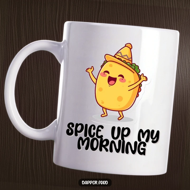 Funny Taco Mug, excited and doing a happy dance with a tiny sombrero, embodying fiesta spirit and Mexican food fun.
