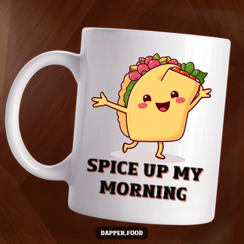 Funny mug featuring a happy taco dancing with a cheerful burrito, radiating pure fiesta joy and delicious energy.