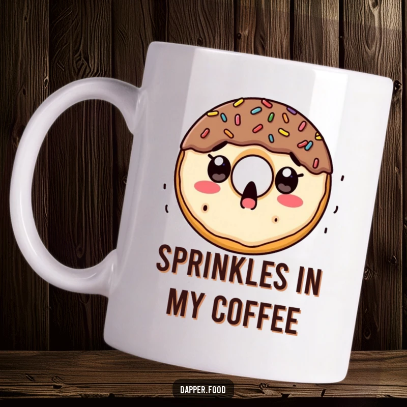Funny mug featuring a wide-eyed, surprised doughnut character with a cascade of colorful sprinkles raining down upon it.