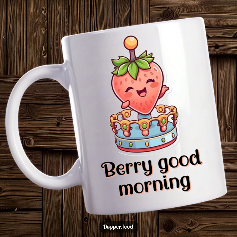 Funny Mug featuring a delighted strawberry character winking, joyfully spinning on a miniature merry-go-round.