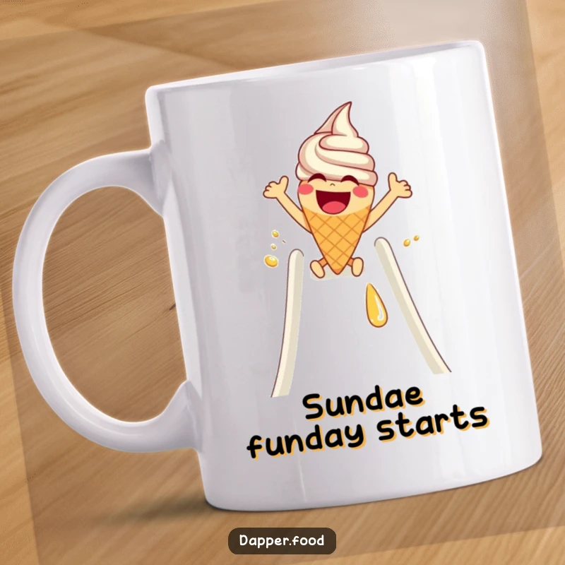 Funny Mug: A laughing ice cream cone with arms gleefully slides down a slippery syrup slide, pure dessert delight.
