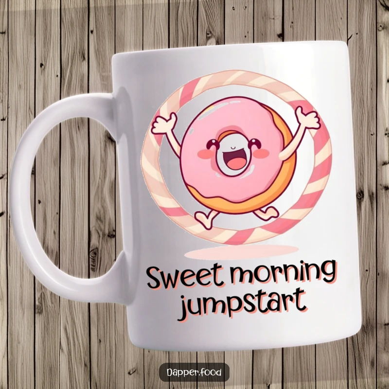 Funny donut mug, a gleeful pastry enthusiastically jumping through a candy hoop, celebrating sweet success.