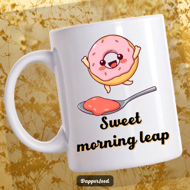 Funny Kawaii donut character joyfully leaping high over a spoonful of bright red jam, a humorous mug for dessert lovers.