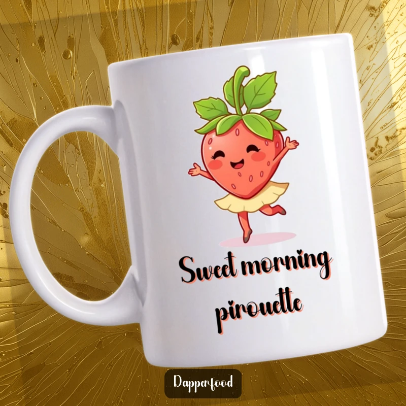 Funny anthropomorphic strawberry character gracefully twirls with its leaves, embodying happiness on this mug.