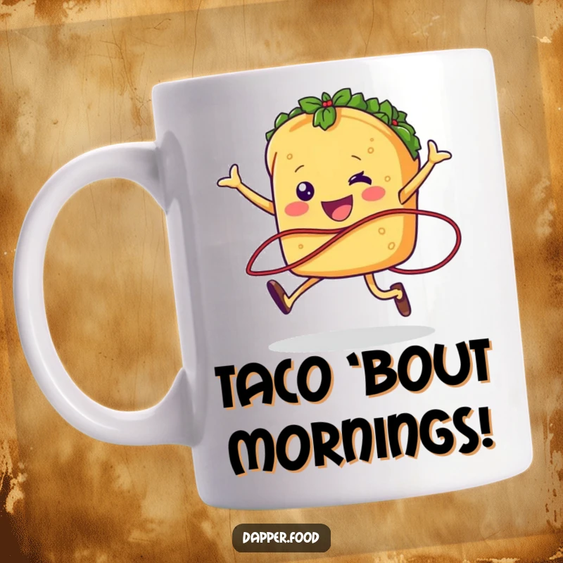 Funny taco character with legs joyfully jumping rope using a salsa strand, depicted on a humorous mug.