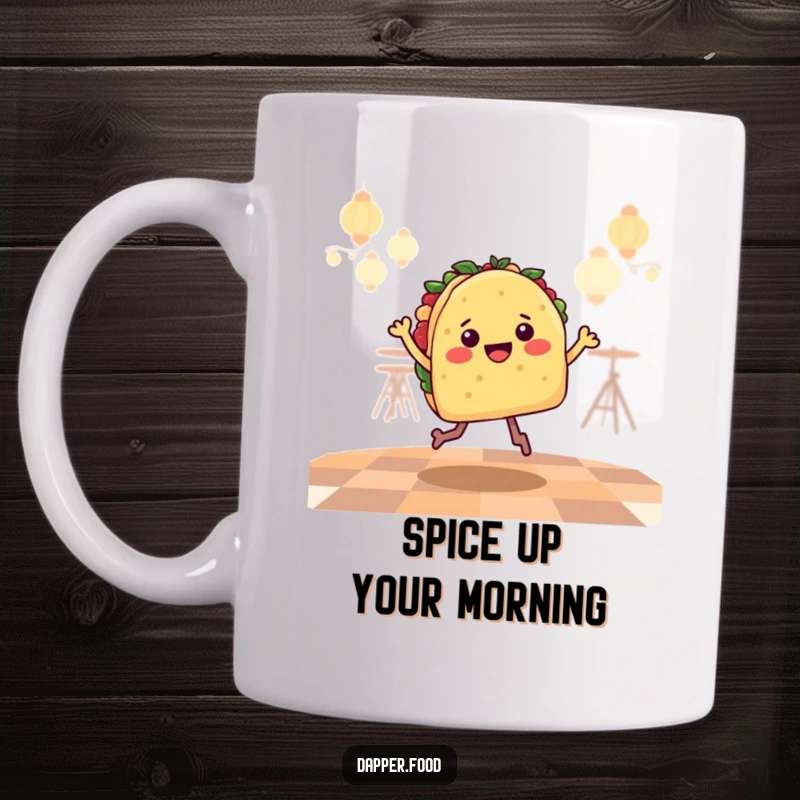 Funny Mug featuring a happy taco character with legs, doing a joyful jig on a salsa dance floor.