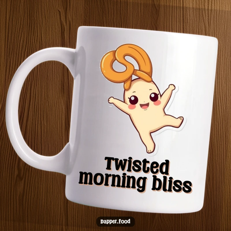 Funny pretzel mug, a happy carb character doing a cartwheel with a blissful expression, perfect funny gift.