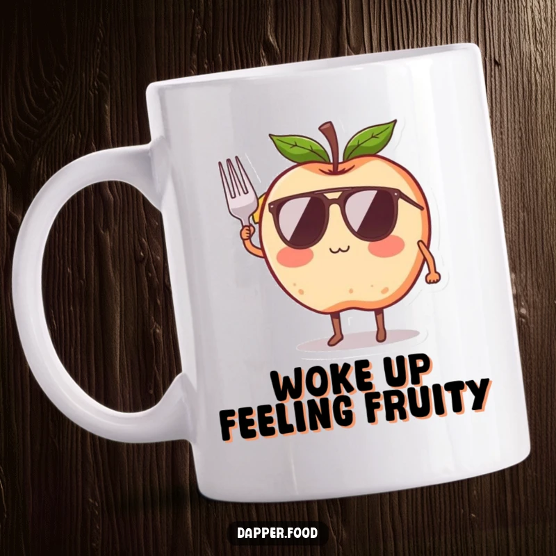 Funny mug showing a blushing apple character with legs and wings, comically trying to fly while wearing a ribbon, full of hopeful silliness.