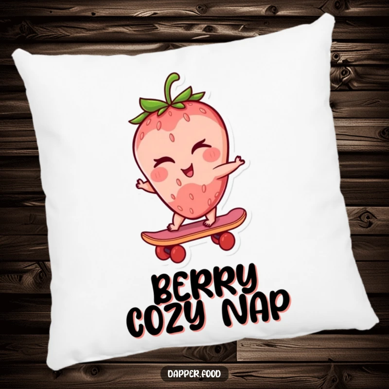 Funny strawberry pillow featuring a winking strawberry character riding a tiny skateboard, designed for comfort and smiles.