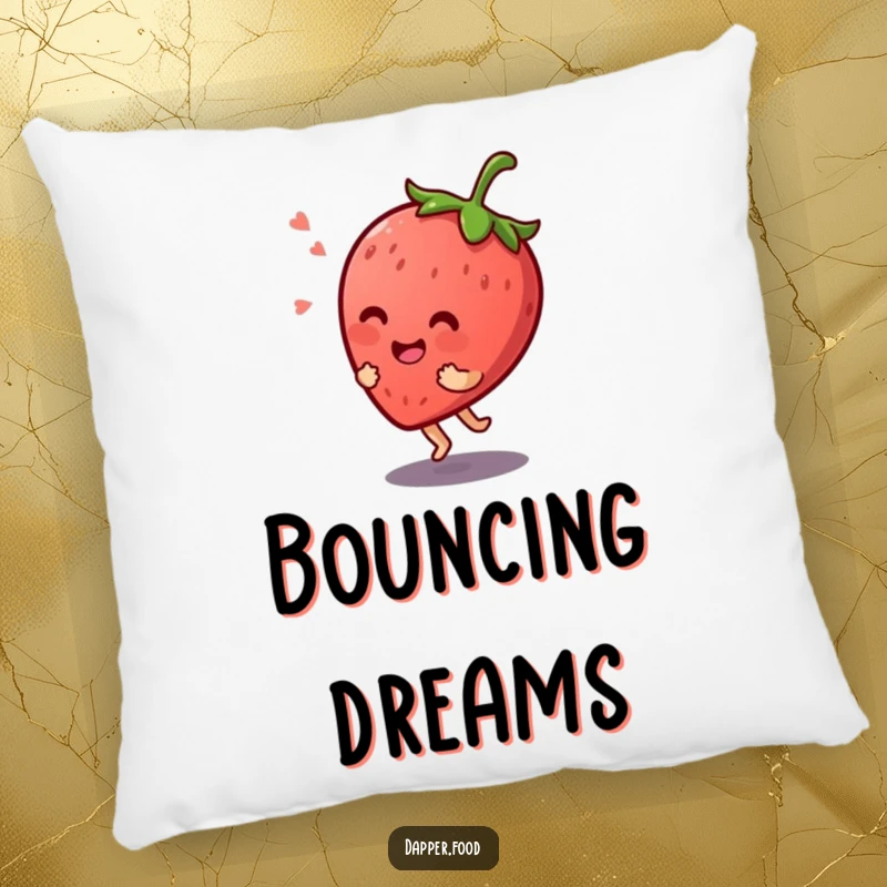 Funny Kawaii strawberry character giggling while bouncing on its stem, featured on a soft and decorative pillow.