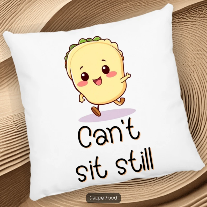 Funny Kawaii taco pillow featuring a cute taco character with tiny legs in a fast-paced running pose.