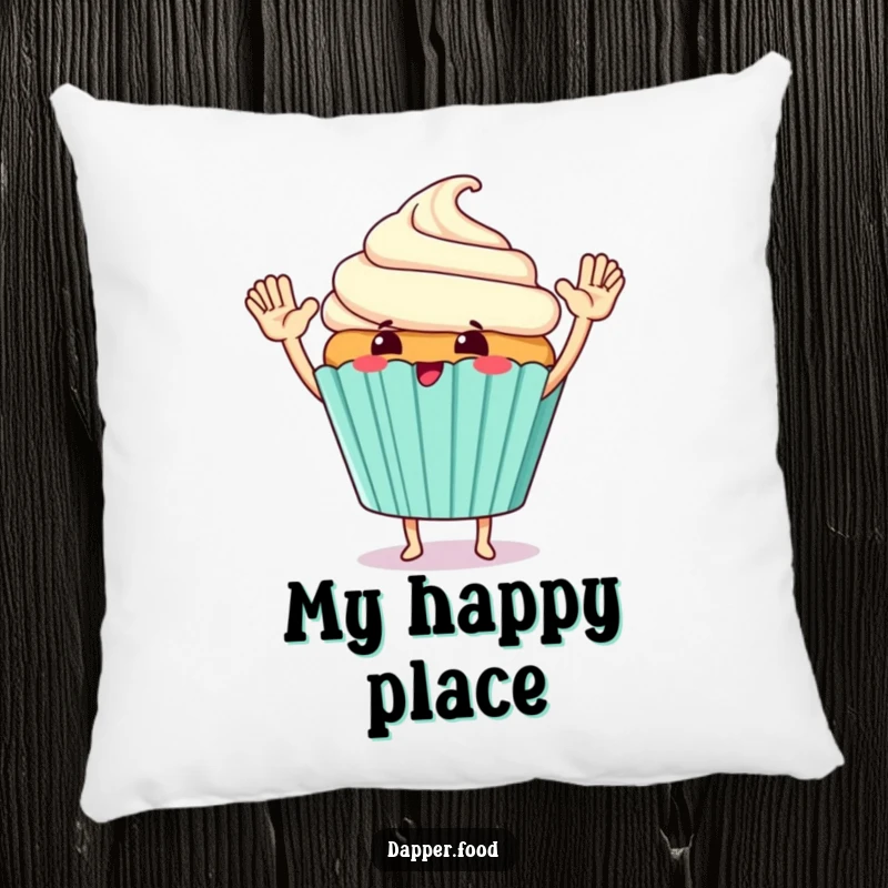 Funny Pillow with a giggling cupcake character giving a giant high-five with tiny arms, offering comfort.