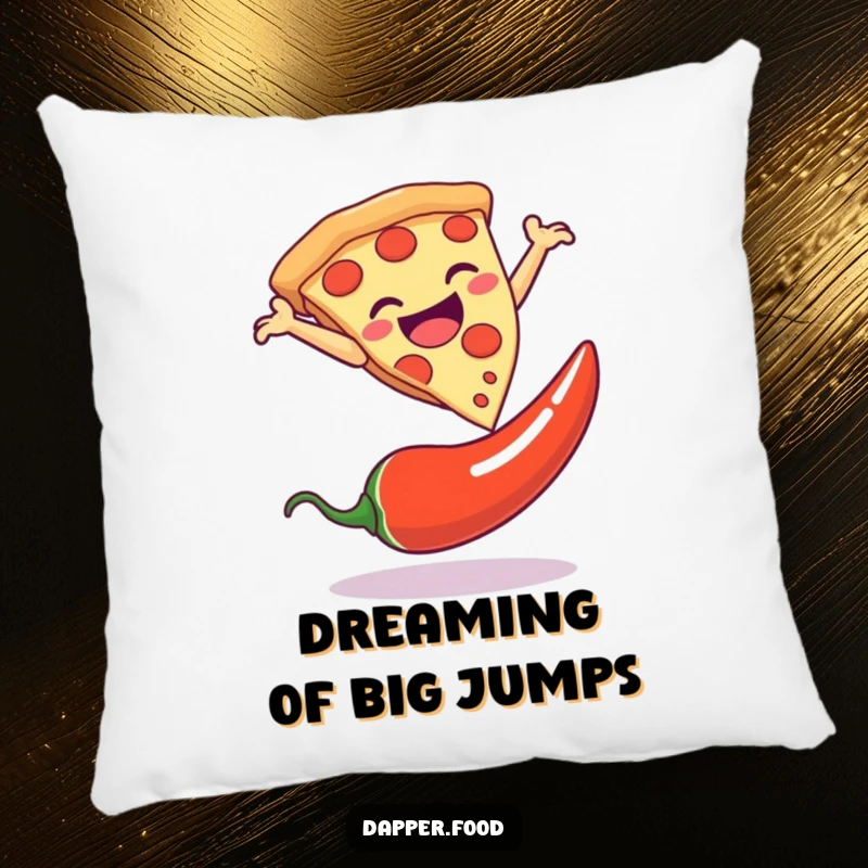 Funny pillow featuring a pizza slice dramatically leaping over a chili pepper, adding comfort and humor to any room.