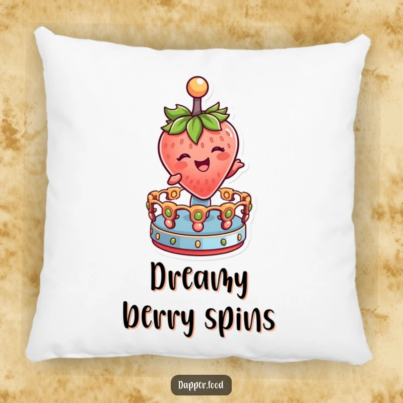 Funny Pillow with a delighted strawberry character winking, joyfully spinning on a miniature merry-go-round.