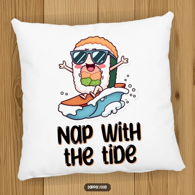 Funny Pillow with a cheerful sushi roll character, wearing sunglasses and riding a small wave, offering comfort.