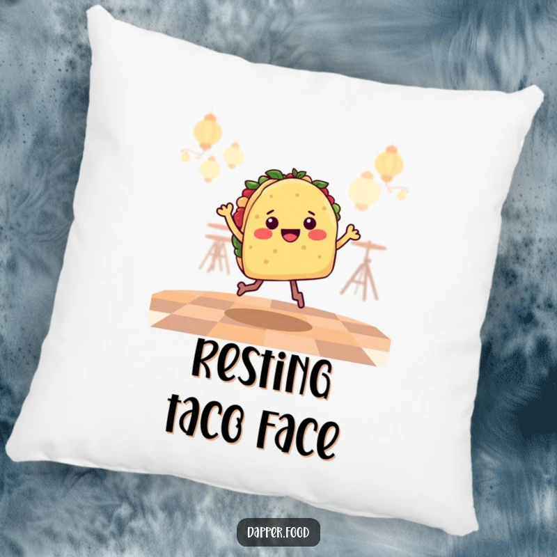 Funny Pillow with a happy taco character performing a joyful salsa jig with its legs, ideal for cozy spaces.
