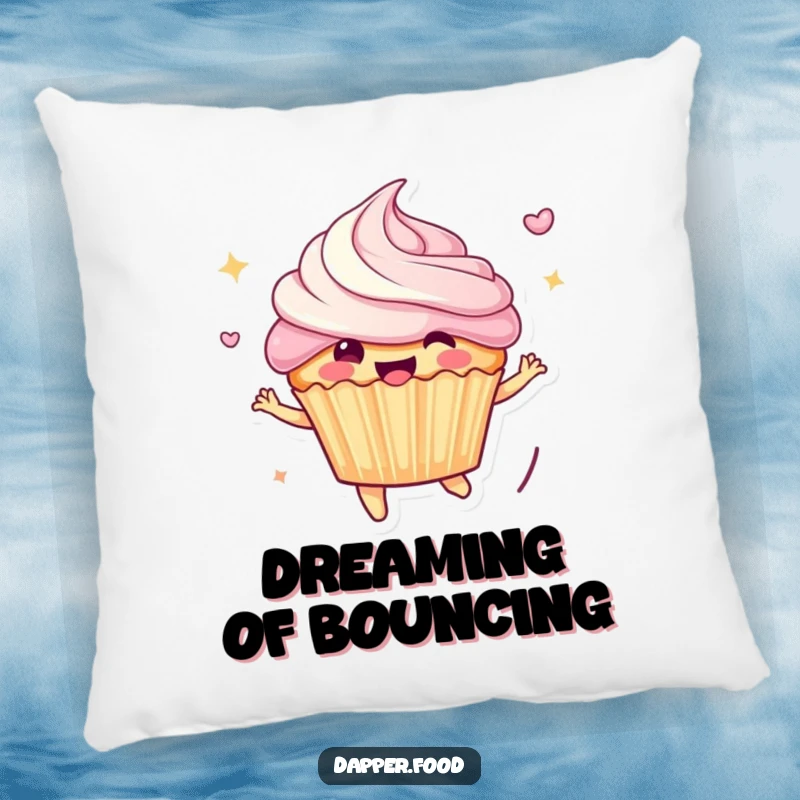 Funny Pillow: A cheerful anthropomorphic cupcake character depicted bouncing high, with frosting flying, offering a soft and humorous decorative touch.