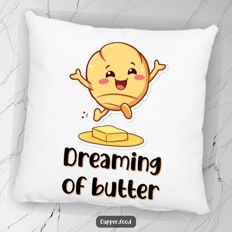 Funny croissant pillow, a smiling pastry character leaping over butter, soft and decorative cushion, great funny gift.