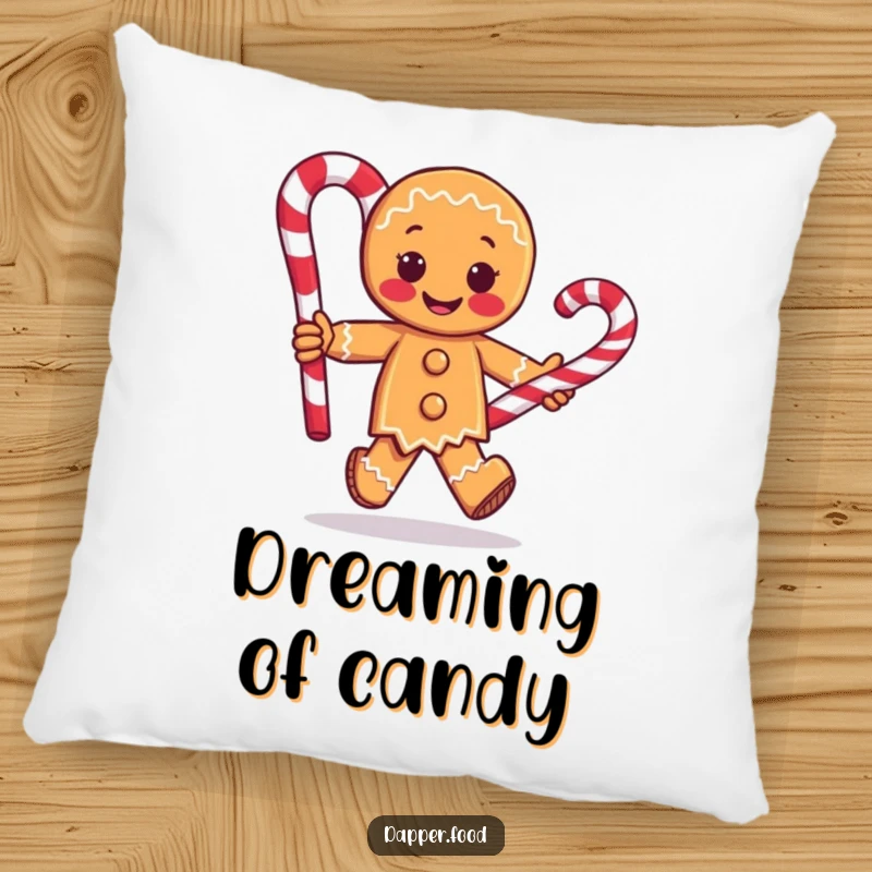 Funny throw pillow with a cute gingerbread man character running with a giant candy cane, offering plush comfort and a humorous holiday theme.