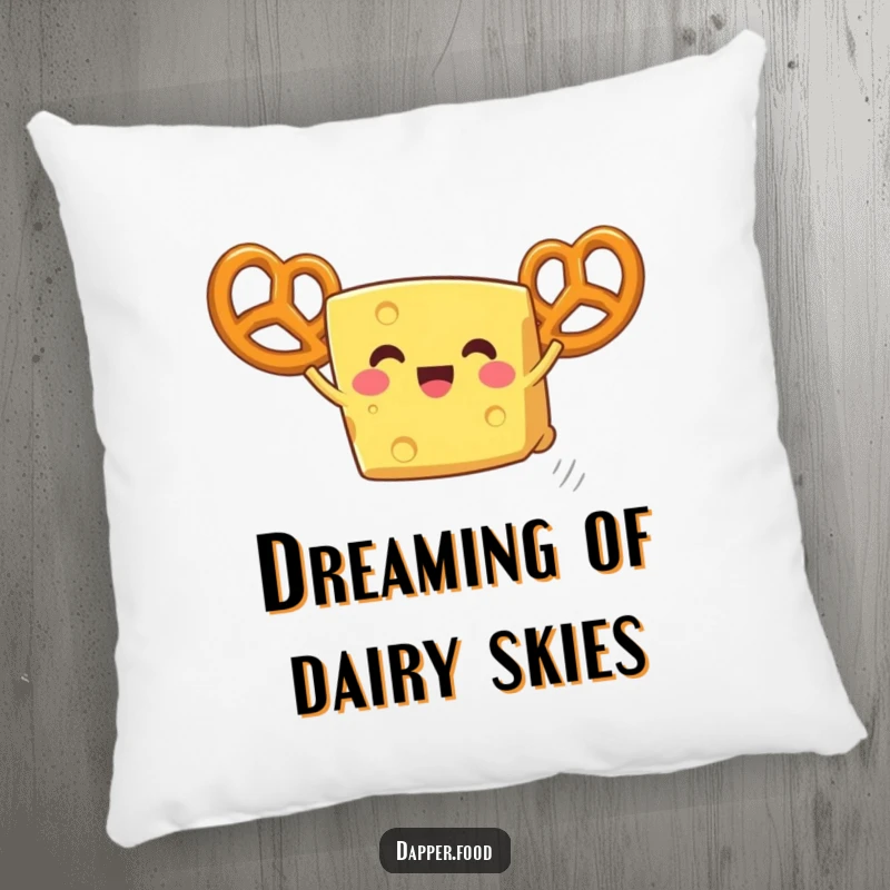 Funny cheese pillow, a delighted wedge using pretzel wings for flight, bringing cozy, silly vibes.