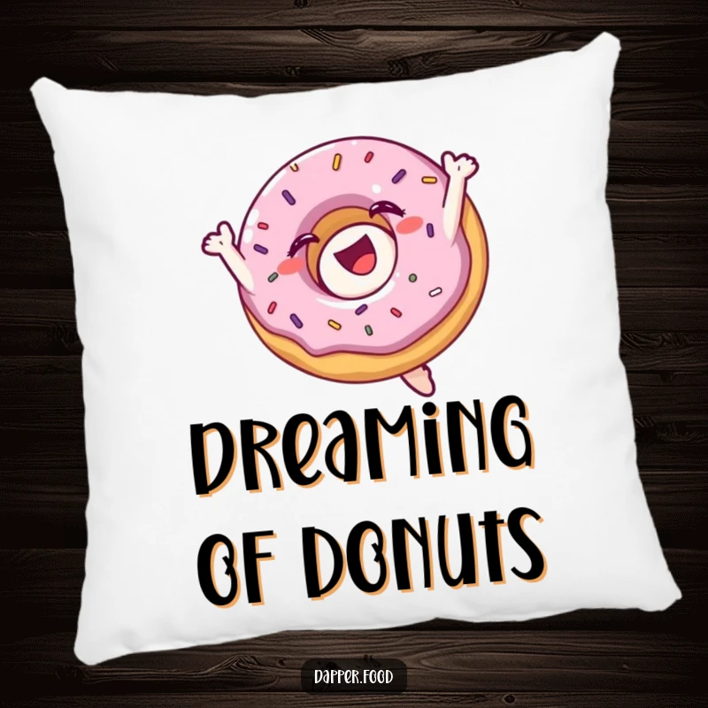 Funny pillow featuring a delighted donut with sprinkles doing a mid-air flip, offering comfort and a sprinkle of joy.