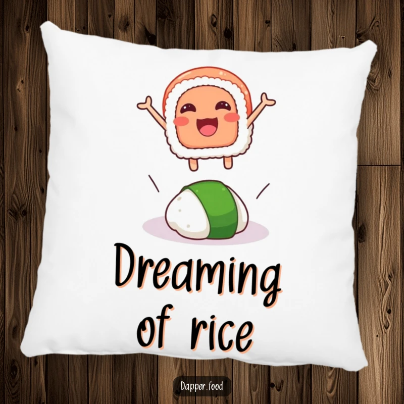 Funny pillow showcasing a smiling sushi slice in a dynamic leap over a rogue wasabi dollop, perfect for humorous comfort.