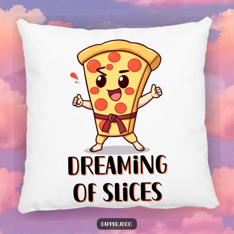 Funny Kawaii pizza slice character doing a karate chop, featured on a soft and decorative pillow.