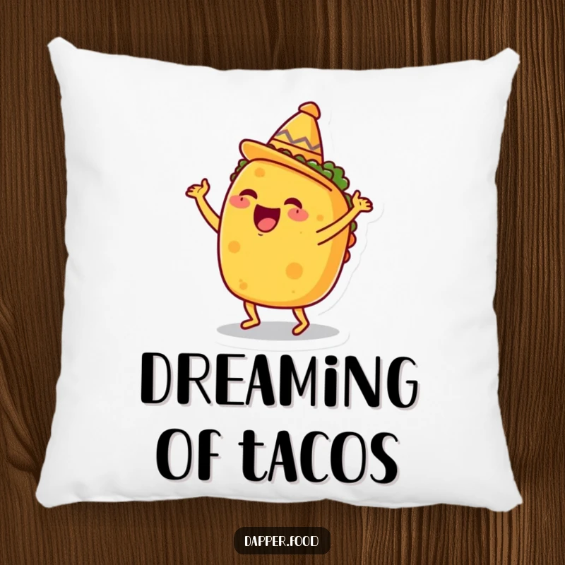 Funny Taco Pillow, doing a happy dance with a tiny sombrero, offering cozy fiesta comfort and humorous flair.