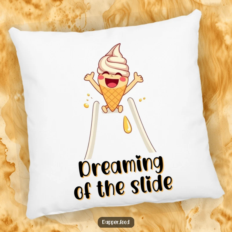 Funny Pillow: A laughing ice cream cone with arms slides down a syrup slide, bringing sweet joy and comfort.