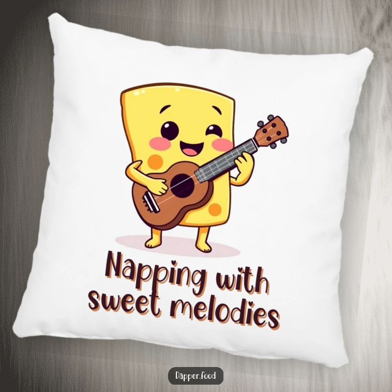 Funny Cheese Ukulele Pillow: A smiling cheese slice playing a miniature ukulele, offering soft comfort and a fun funny gift.