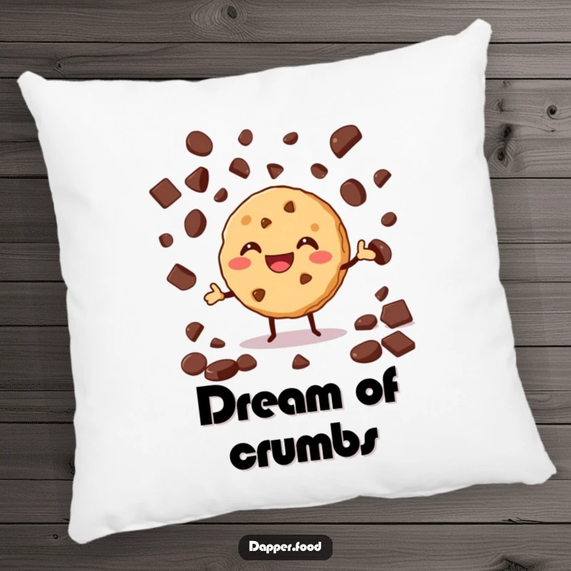 Funny pillow featuring a grinning cookie enthusiastically juggling chocolate chips, ideal for cozy baking-themed comfort.