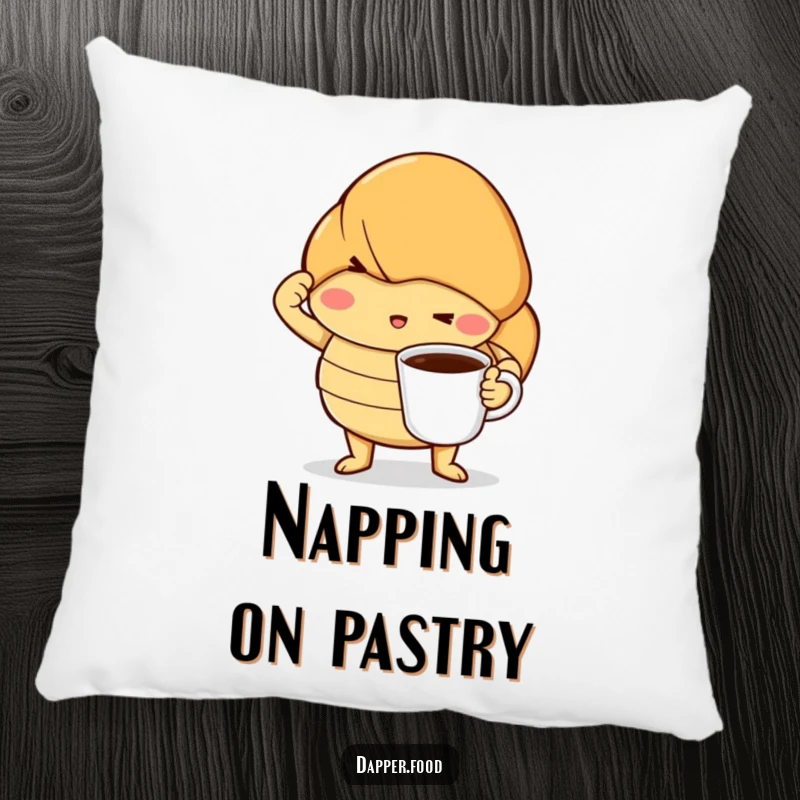Funny pillow depicting a determined croissant striking a dramatic pose with a tiny coffee cup, adding a touch of whimsical comfort.