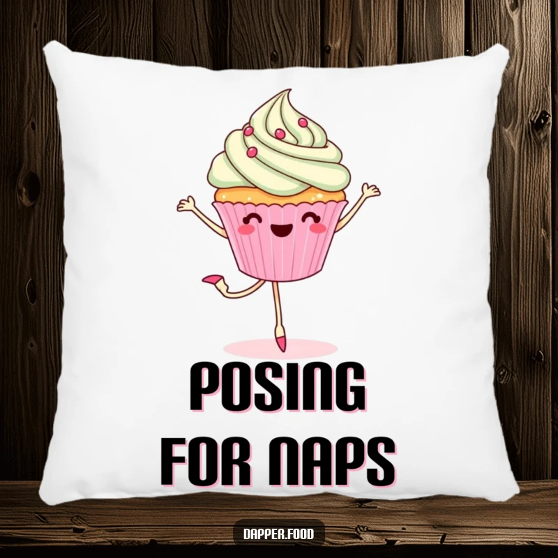Funny pillow depicting a cheerful cupcake with legs in a ballet pirouette pose, offering comfort and sweet artistic flair.
