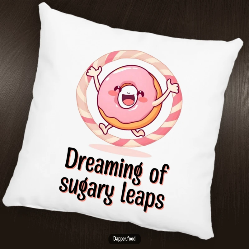 Funny donut pillow, a gleeful pastry jumping through a candy hoop, bringing sweet, fun vibes to decor.