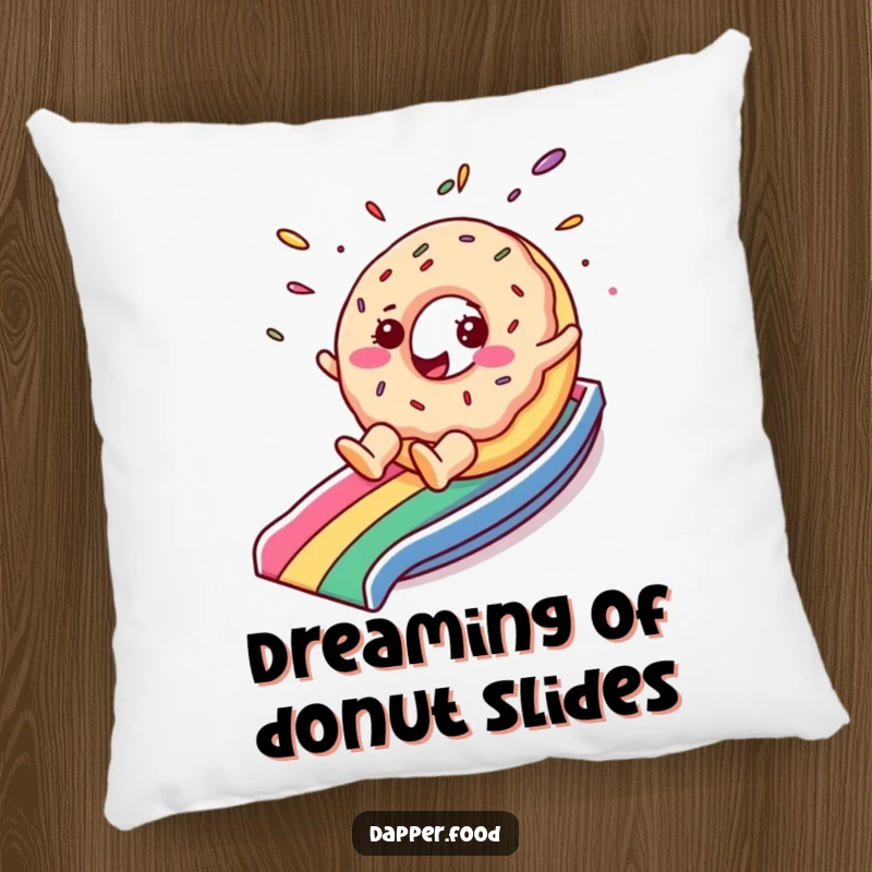 Funny pillow featuring a cheerful donut character with sprinkles flying as it slides down a rainbow, adding a soft and joyful touch.