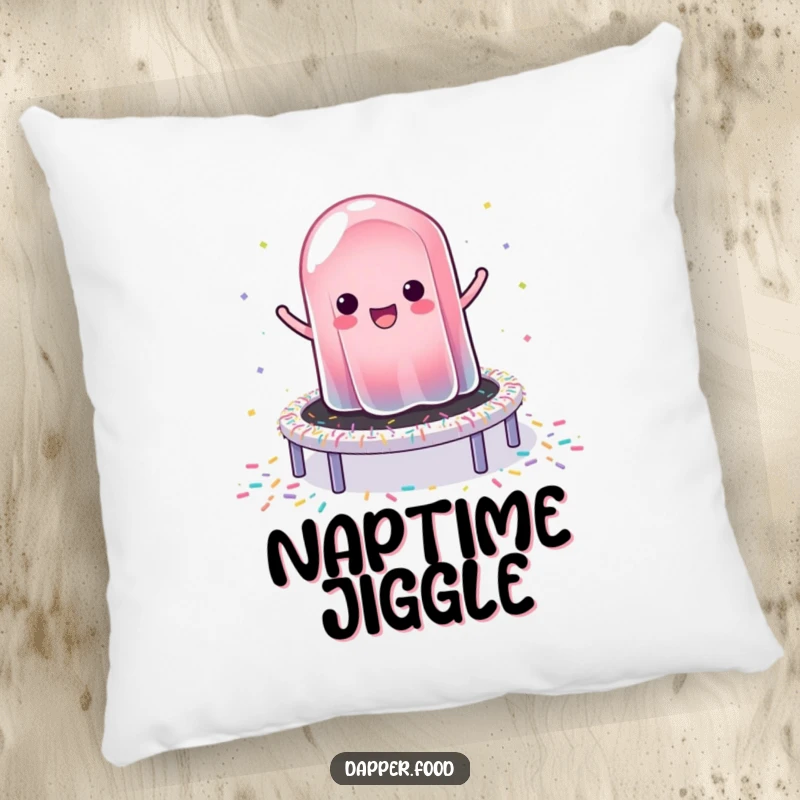 Funny pillow featuring a wobbly jelly happily bouncing on a colorful trampoline made of sprinkles, ideal for cozy fun.
