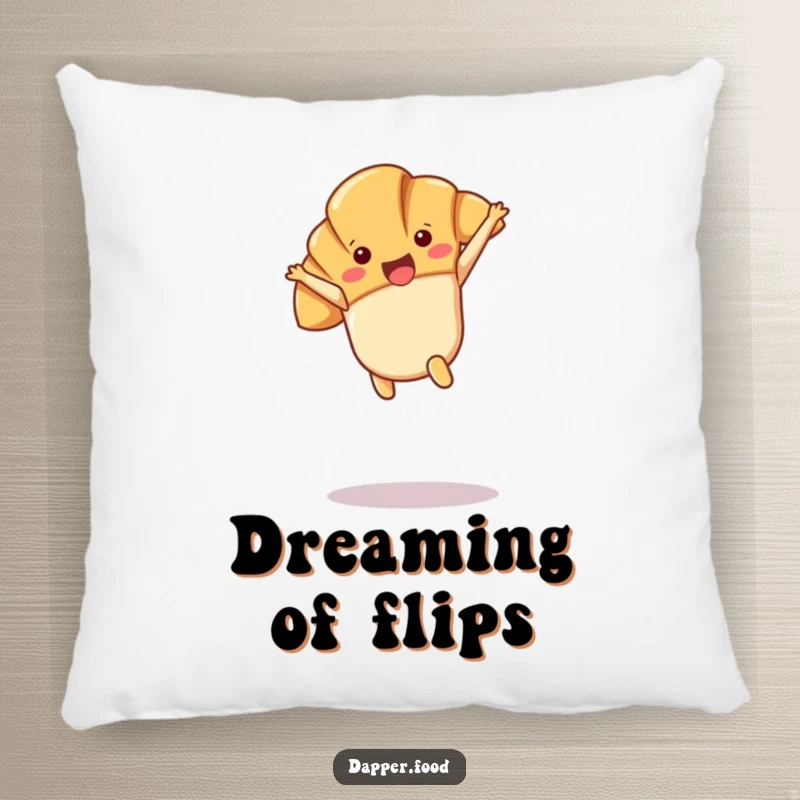 Funny Kawaii croissant character doing a cartwheel in mid-air, featured on a soft and decorative pillow.