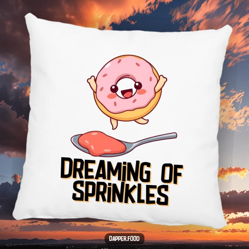 Funny Kawaii donut character joyfully leaping over a spoonful of jam, a soft and humorous pillow for relaxation.