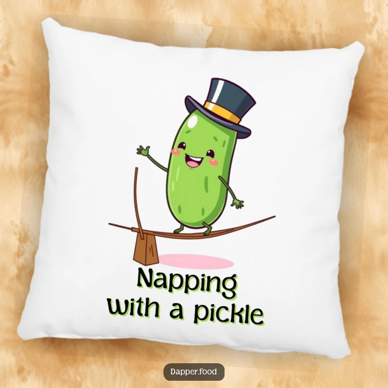 Funny Pillow: A grinning anthropomorphic pickle character in a top hat wobbles on a tightrope, offering a soft and humorous decorative touch.