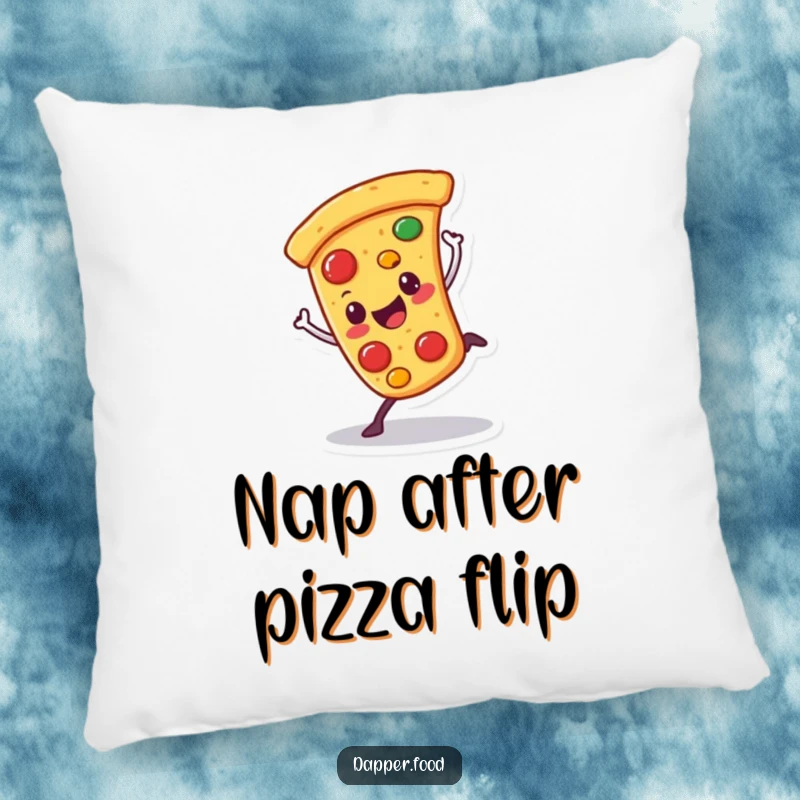Funny pillow featuring a happy pizza character doing a cartwheel with wobbling toppings, adding a soft and humorous touch.